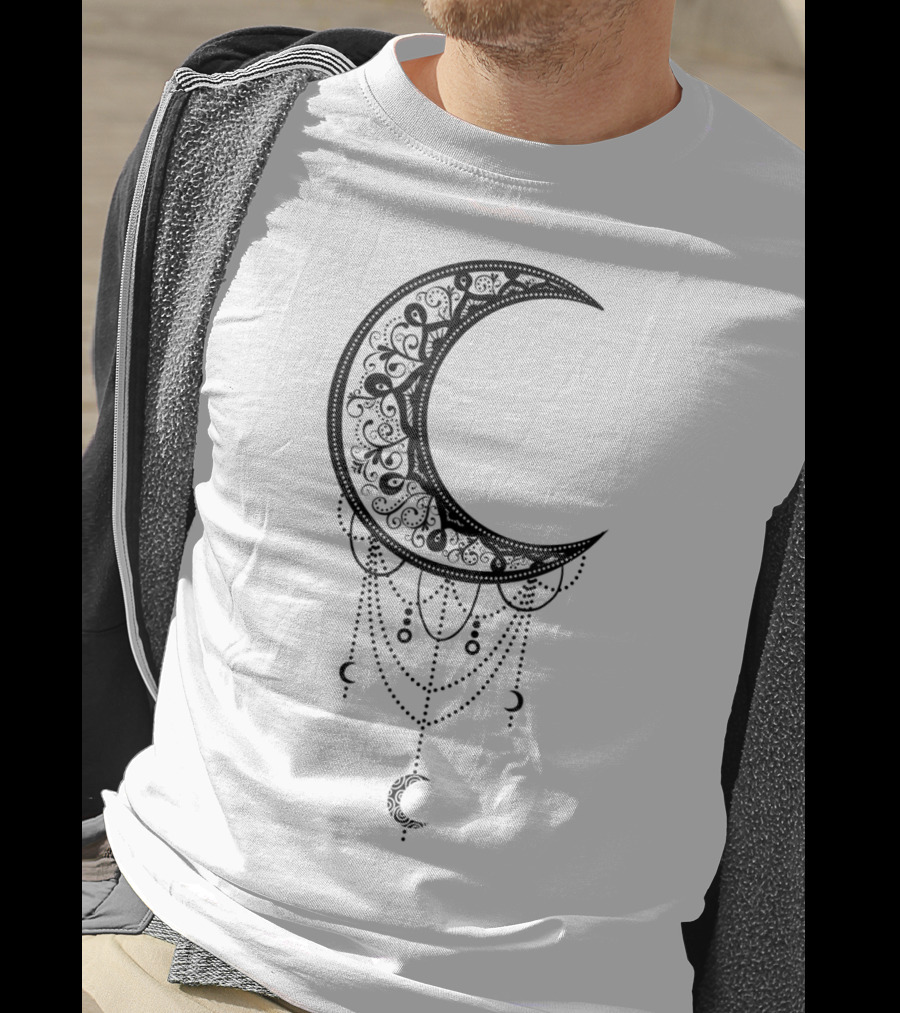Beautiful Black Crescent Moon Dreamcatcher Design With Intricate Patterns And Hanging Beads T-Shirt