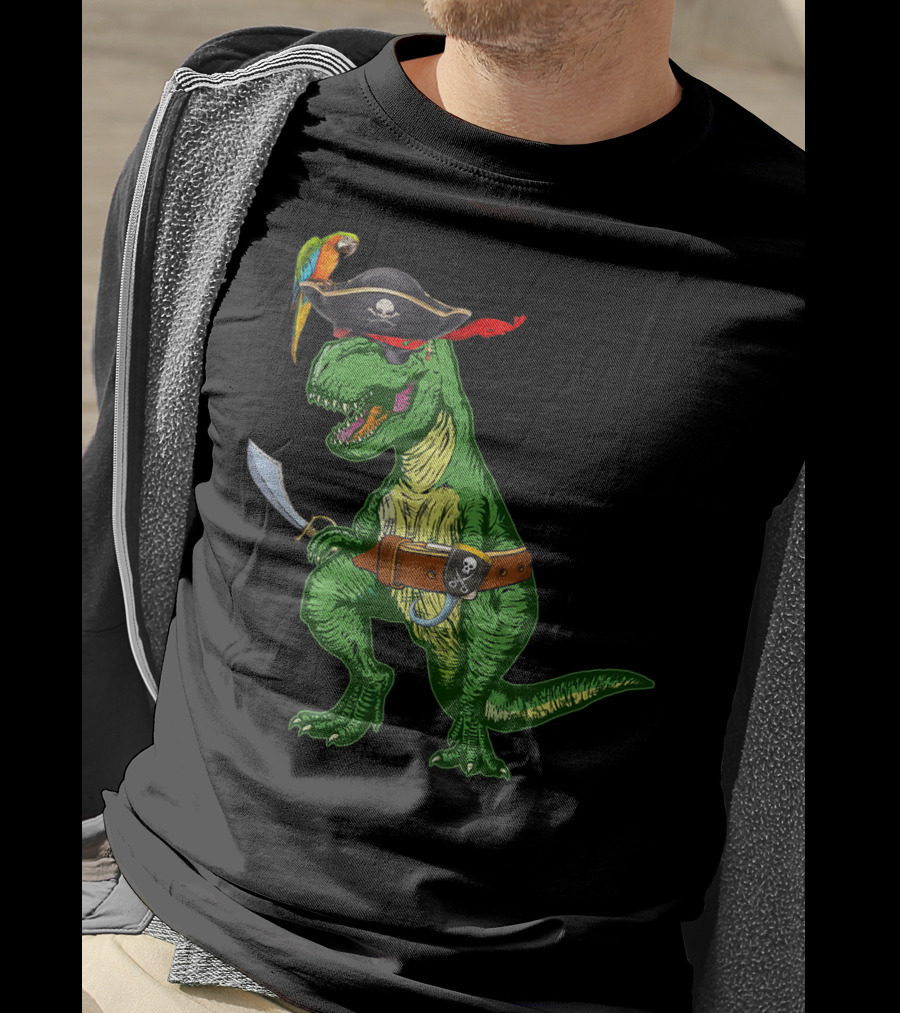 Boys Kids Dinosaur T-Rex Pirate With Parrot And Sword T-Shirt
