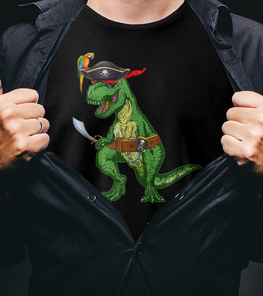 Boys Kids Dinosaur T-Rex Pirate With Parrot And Sword T-Shirt
