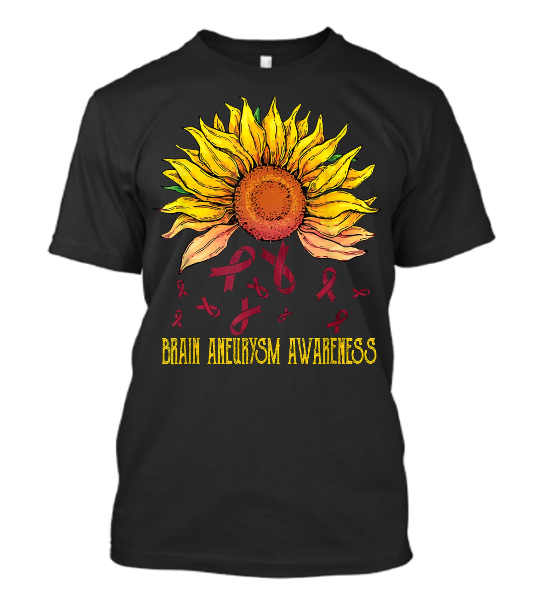 Brain Aneurysm Awareness Sunflower With Yellow Sunflower And Red Ribbons T-Shirt