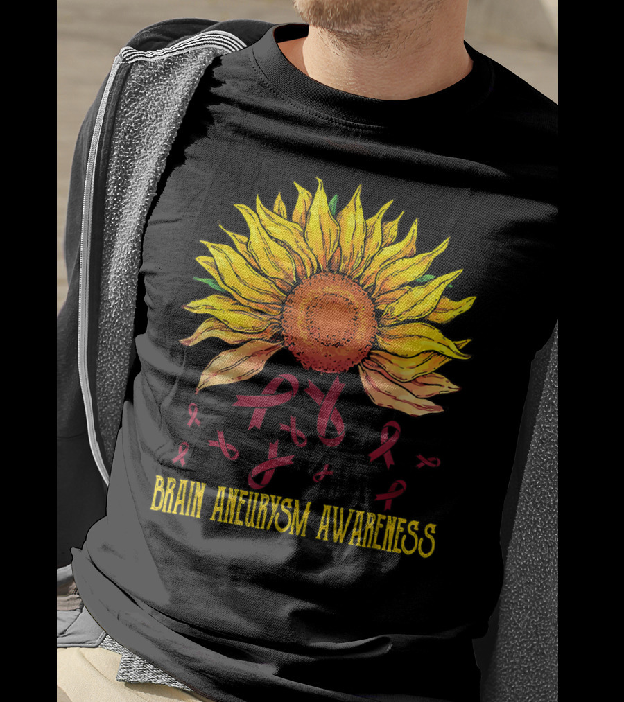 Brain Aneurysm Awareness Sunflower With Yellow Sunflower And Red Ribbons T-Shirt