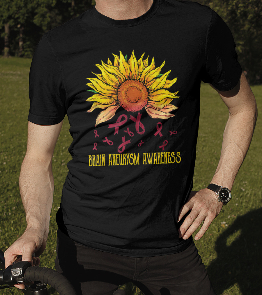 Brain Aneurysm Awareness Sunflower With Yellow Sunflower And Red Ribbons T-Shirt