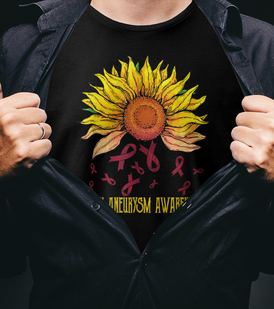 Brain Aneurysm Awareness Sunflower With Yellow Sunflower And Red Ribbons T-Shirt