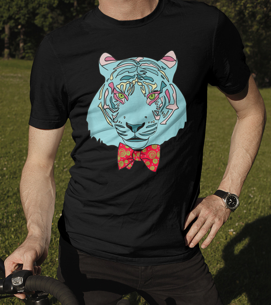 Colorful Tiger Head With Spiraled Bow Tie T-Shirt