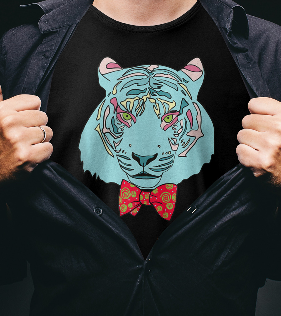 Colorful Tiger Head With Spiraled Bow Tie T-Shirt