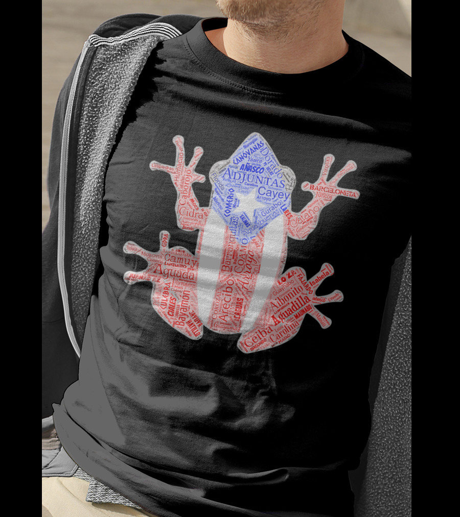 Coqui Taino Puerto Rico Cities Boricua Flag Adjuntas Aguadilla Arecibo Barceloneta Caguas Cayey Ceiba Cidra Coamo Guayama Manati Morovis Yauco T-Shirt