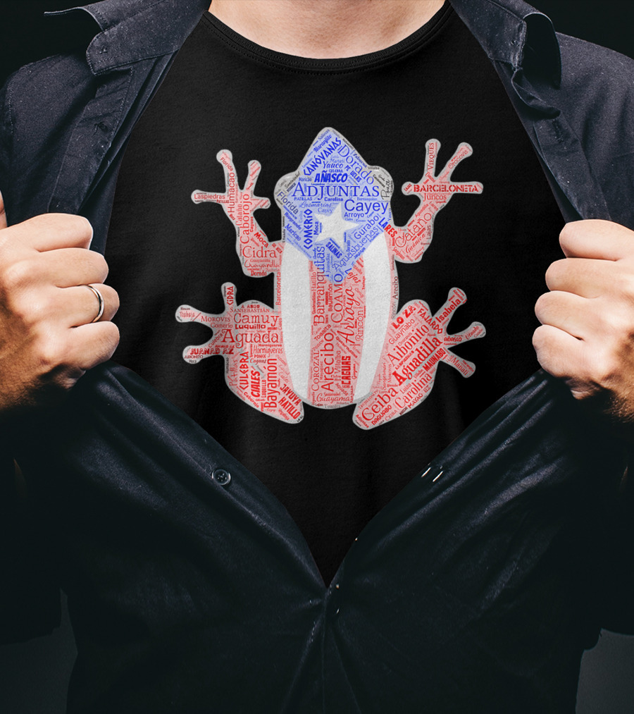Coqui Taino Puerto Rico Cities Boricua Flag Adjuntas Aguadilla Arecibo Barceloneta Caguas Cayey Ceiba Cidra Coamo Guayama Manati Morovis Yauco T-Shirt