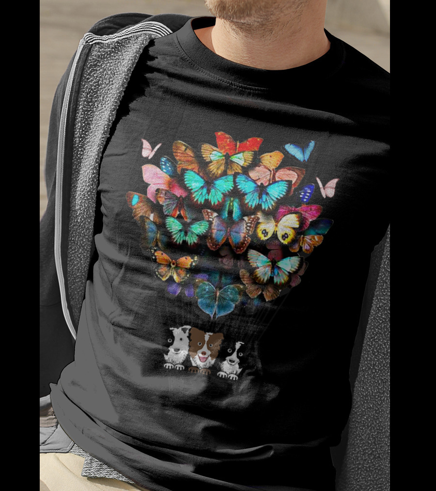 Cute Border Collie Dogs In Hot Air Balloon With Colorful Butterflies T-Shirt