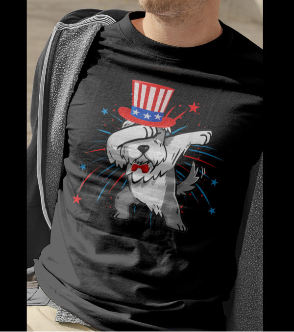 Dabbing Miniature Schnauzer Firework 4th Of July Patriotic Hat And Bow Tie T-Shirt