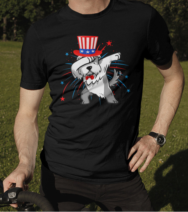 Dabbing Miniature Schnauzer Firework 4th Of July Patriotic Hat And Bow Tie T-Shirt