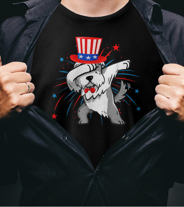 Dabbing Miniature Schnauzer Firework 4th Of July Patriotic Hat And Bow Tie T-Shirt