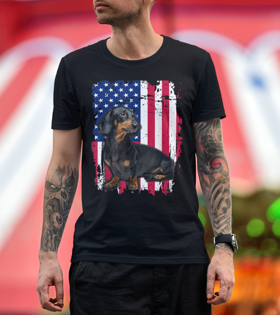 Dachshund with US Flag for 4th of July T-Shirt