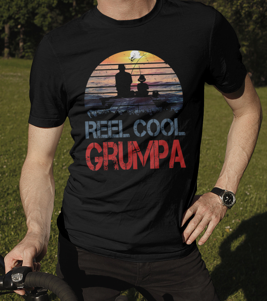 Father's Day Reel Cool Grumpa Fishing Silhouette With Sunset Background T-Shirt