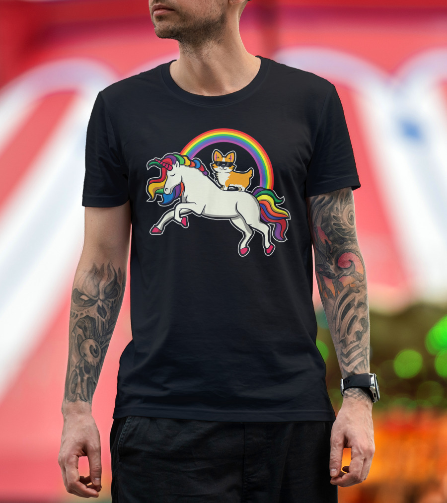 Funny Corgi Riding Rainbow Unicorn Puppy For Dog Lovers T-Shirt