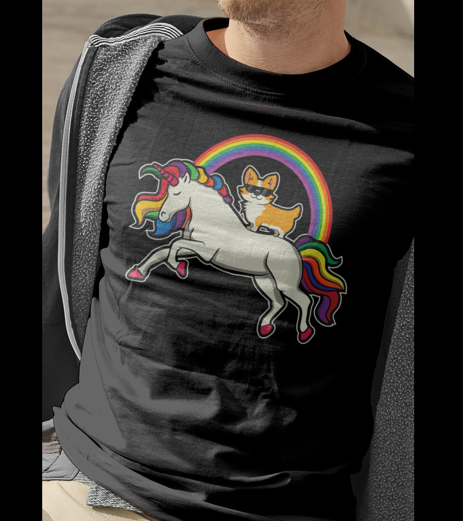 Funny Corgi Riding Rainbow Unicorn Puppy For Dog Lovers T-Shirt