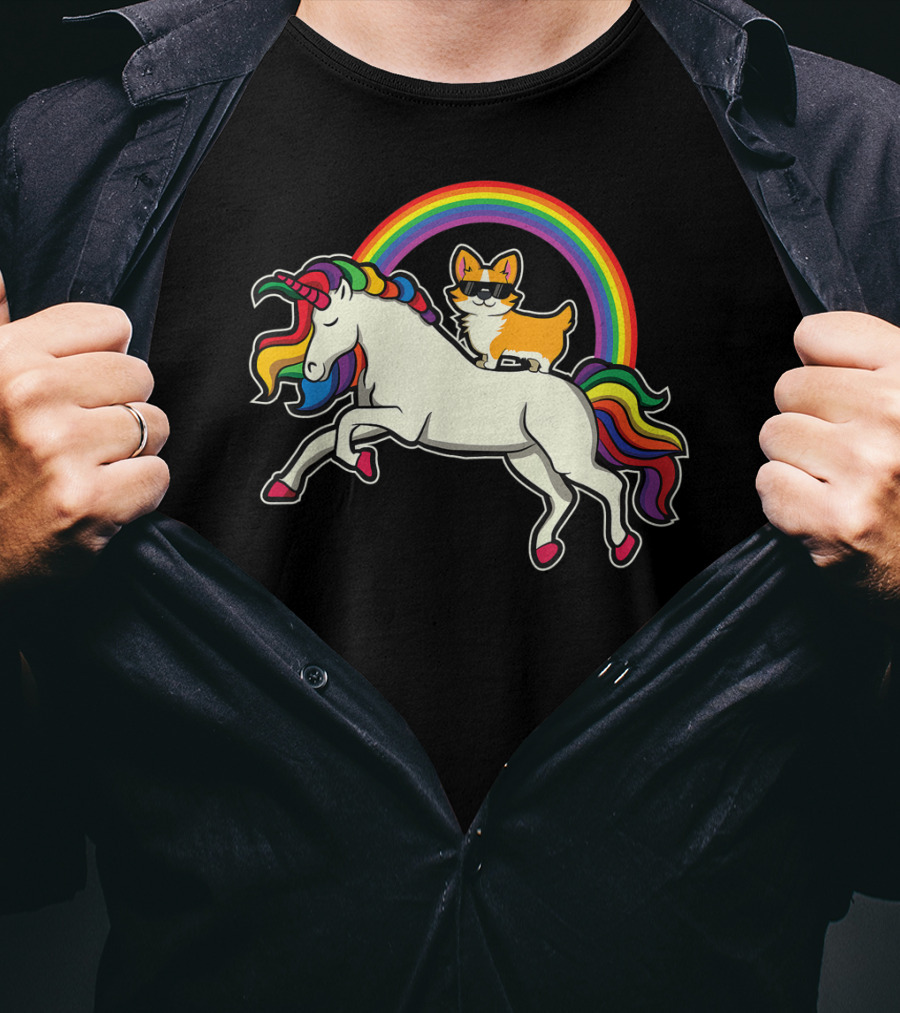 Funny Corgi Riding Rainbow Unicorn Puppy For Dog Lovers T-Shirt