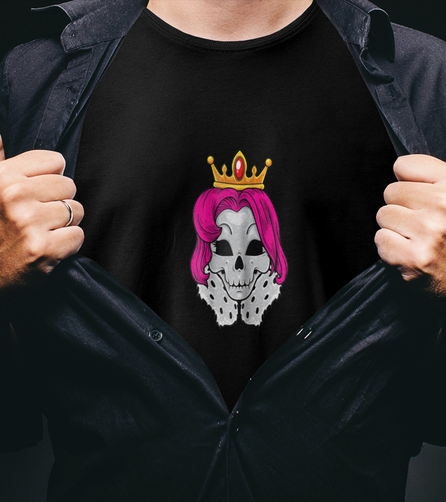 Bright Pink-Haired Skull Queen With Crown And Regal Cape T-Shirt