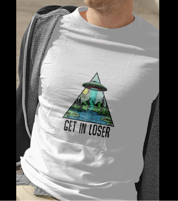 Get In Loser UFO Abduction Triangle With Forest And Lake Scene T-Shirt