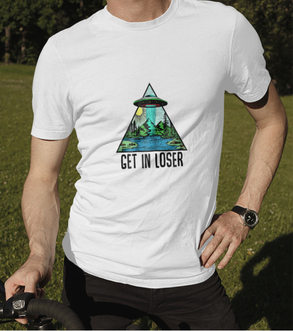 Get In Loser UFO Abduction Triangle With Forest And Lake Scene T-Shirt