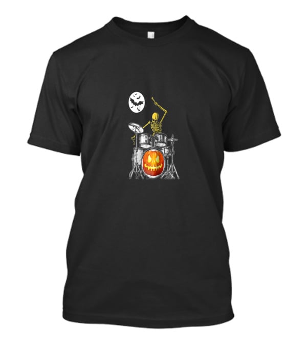 Skeleton Drummer With Jack-O'-Lantern Pumpkin Drum Under Full Moon With Bats T-Shirt