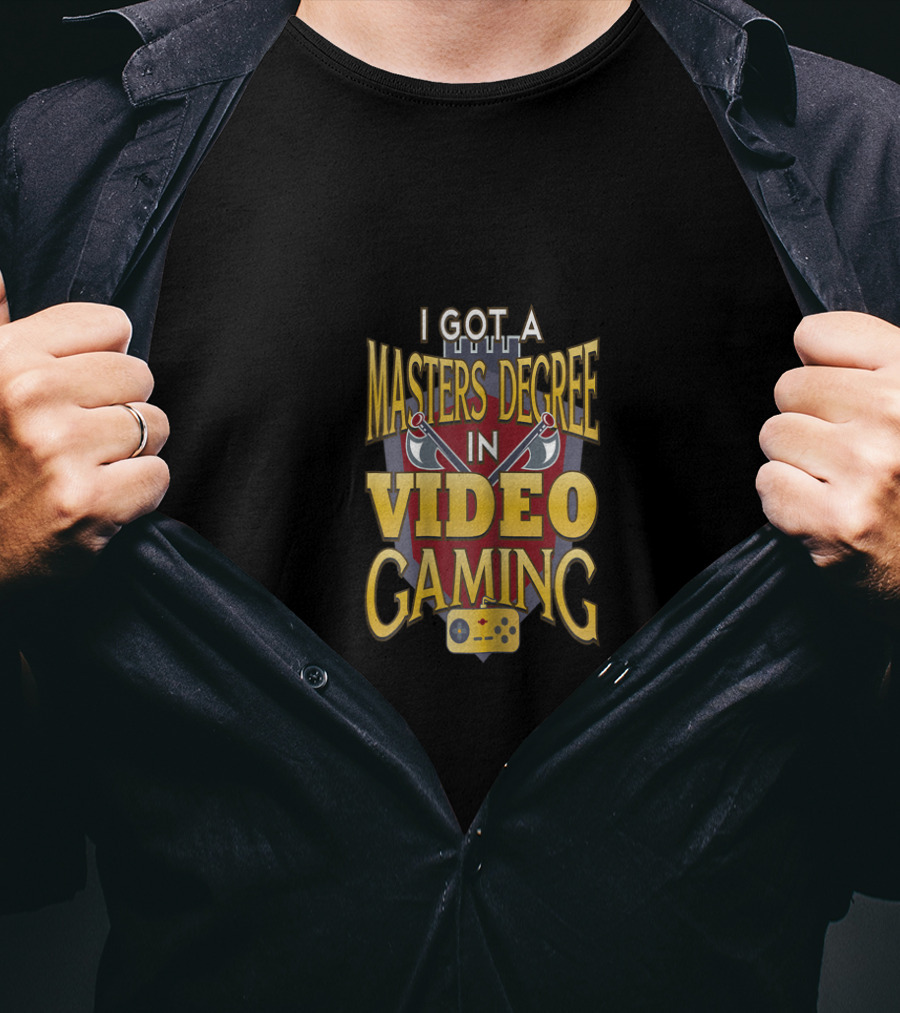 I Got A Masters Degree In Video Gaming With Game Controller Icon And Medal Ribbon Graphics T-Shirt