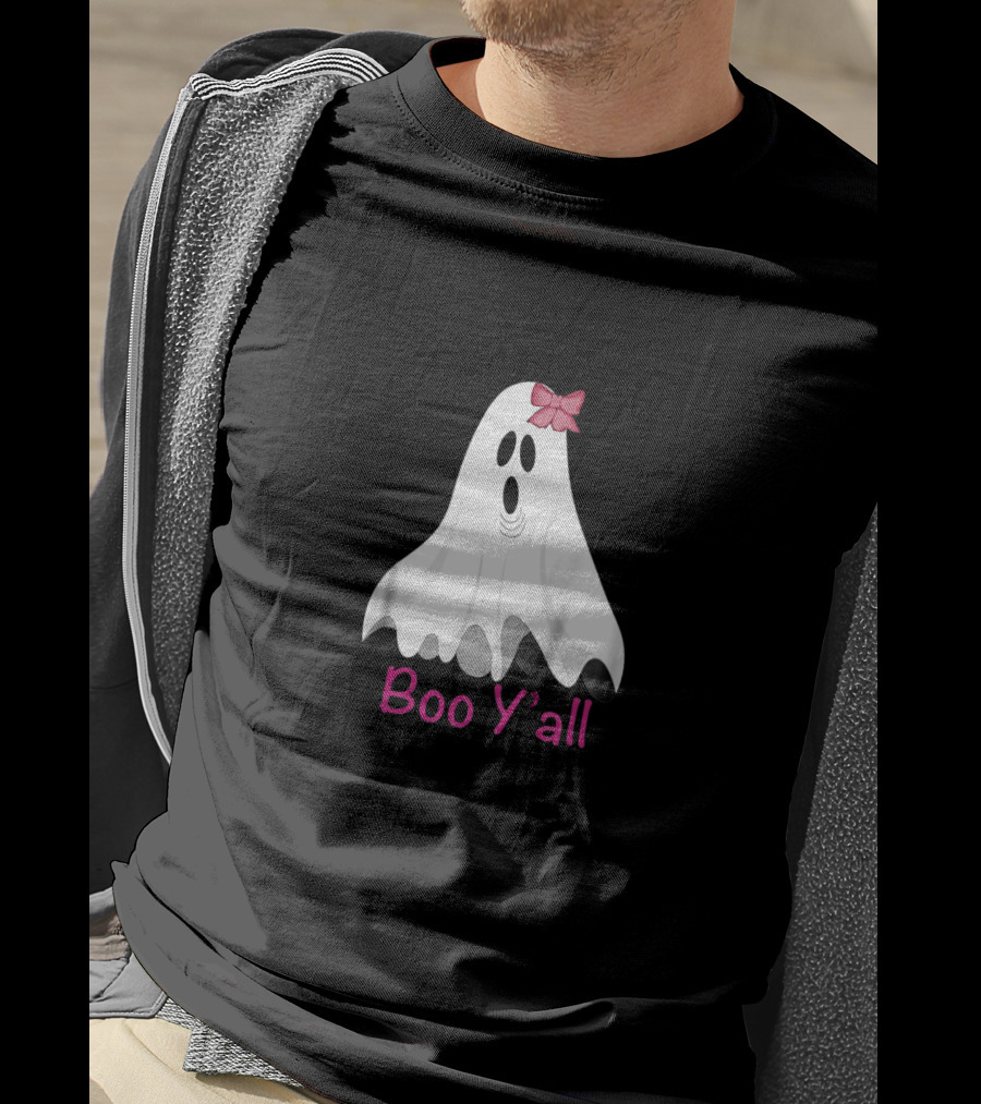 Boo Y'all Halloween Preppy Southern Ghost With Pink Bow T-Shirt
