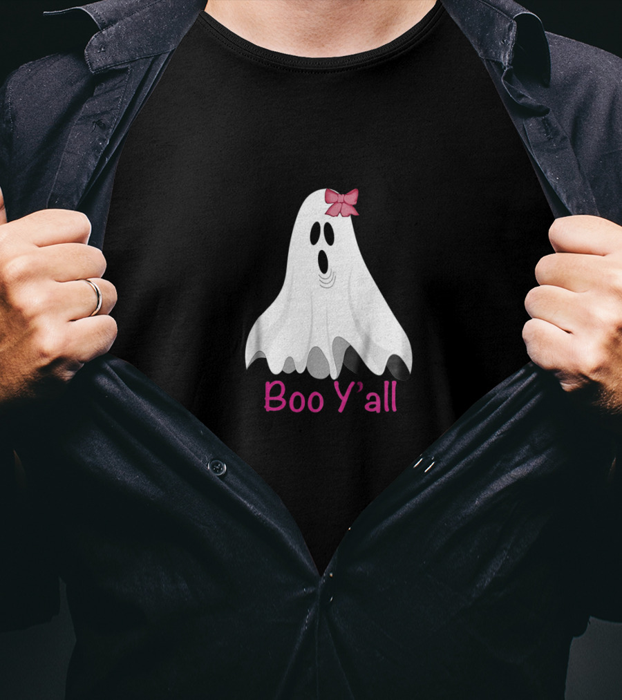 Boo Y'all Halloween Preppy Southern Ghost With Pink Bow T-Shirt