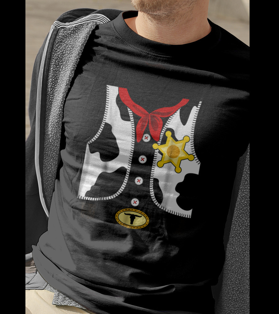 Sheriff Costume Cow Print Vest With Badge And Red Neck Scarf T-Shirt