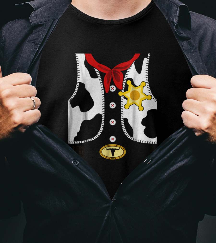 Sheriff Costume Cow Print Vest With Badge And Red Neck Scarf T-Shirt