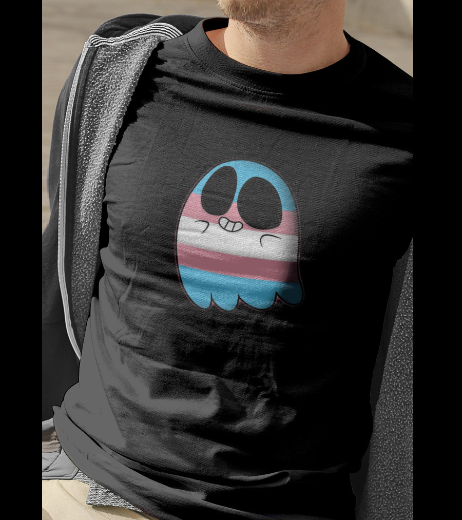Cute Happy Ghost With Transgender Pride Flag Stripes T-Shirt