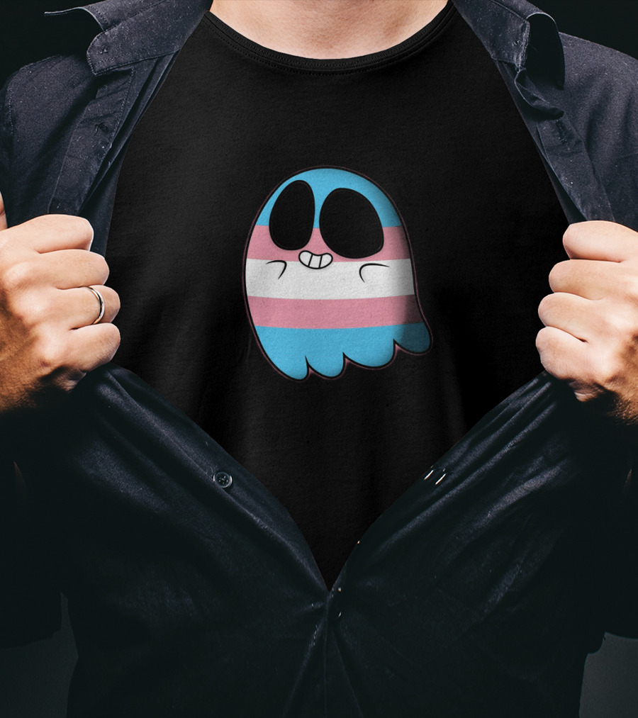 Cute Happy Ghost With Transgender Pride Flag Stripes T-Shirt
