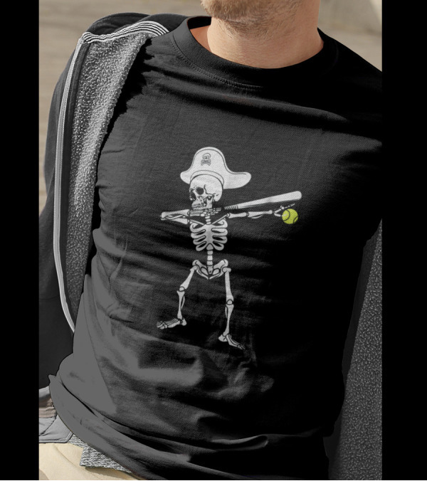 Dabbing Skeleton Holding Softball And Bat With Pirate Hat T-Shirt