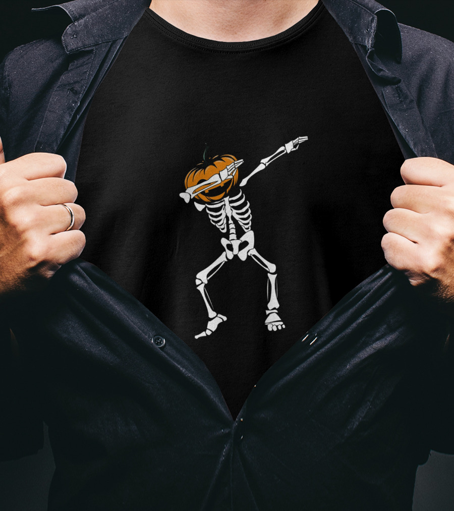Funny Halloween Dabbing Skeleton With Pumpkin Head Dab T-Shirt