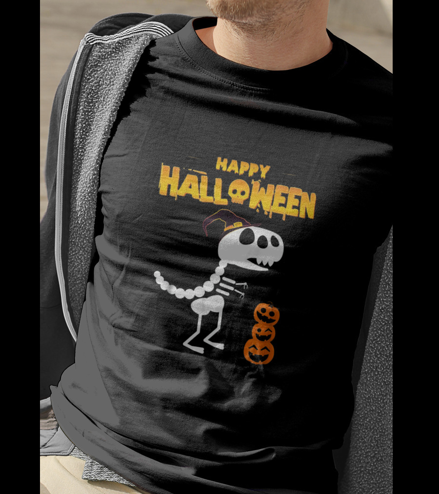Happy Halloween Skeleton Dinosaur With Pumpkin Stack T-Shirt