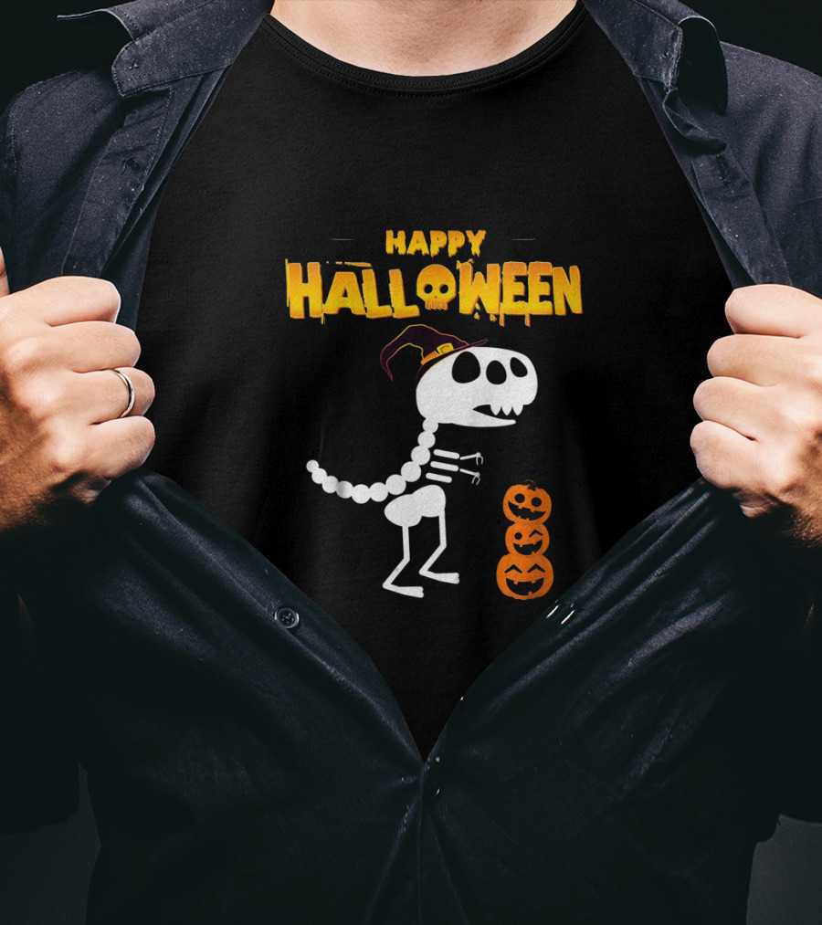Happy Halloween Skeleton Dinosaur With Pumpkin Stack T-Shirt