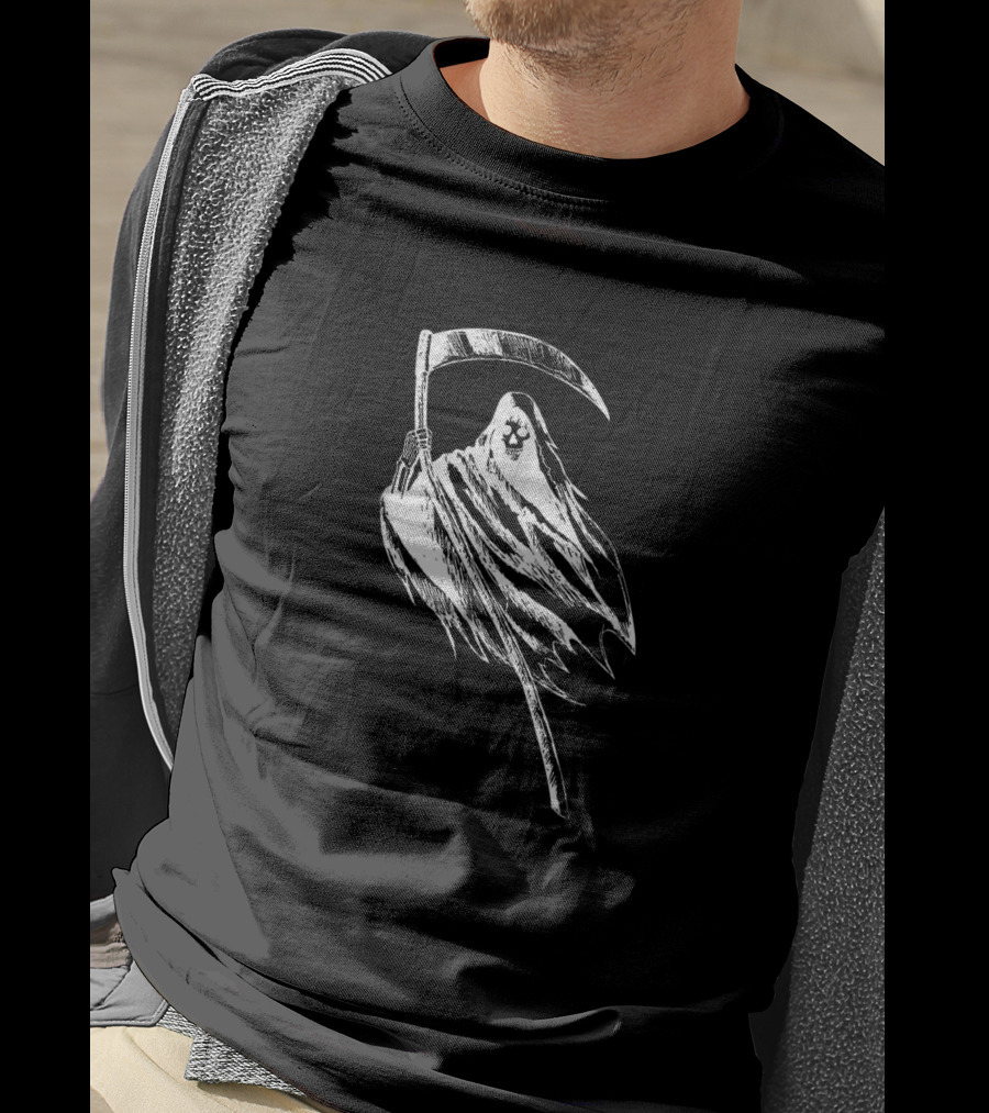 Grim Reaper Holding Scythe With Skull-Faced Cloak T-Shirt