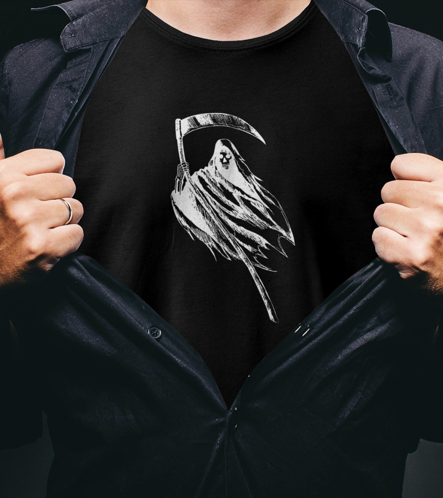 Grim Reaper Holding Scythe With Skull-Faced Cloak T-Shirt