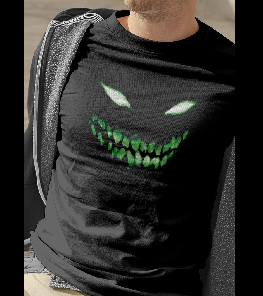 Halloween Dark Green Scary Face Glowing Eyes And Teeth T-Shirt