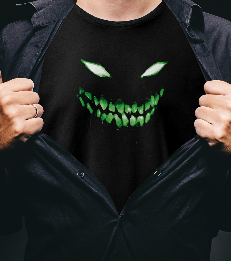 Halloween Dark Green Scary Face Glowing Eyes And Teeth T-Shirt