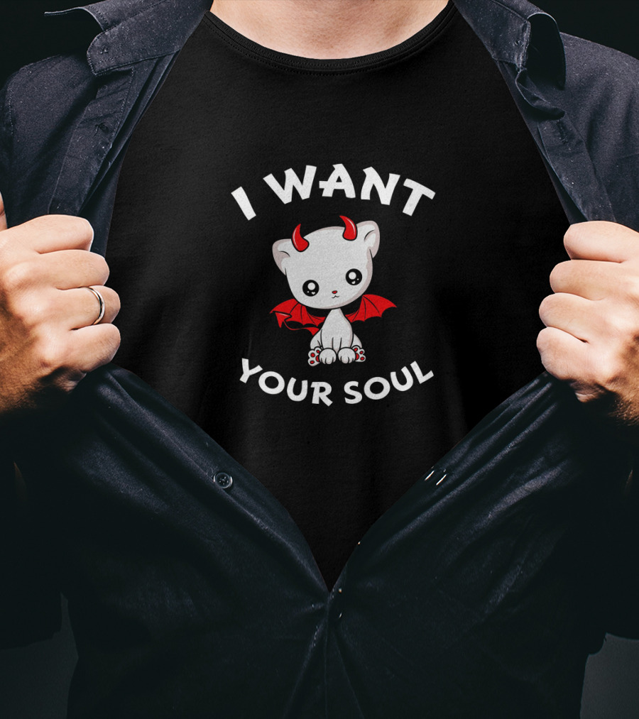 I Want Your Soul Cat Vampire Kitten With Red Devil Horns And Wings F25 T-Shirt