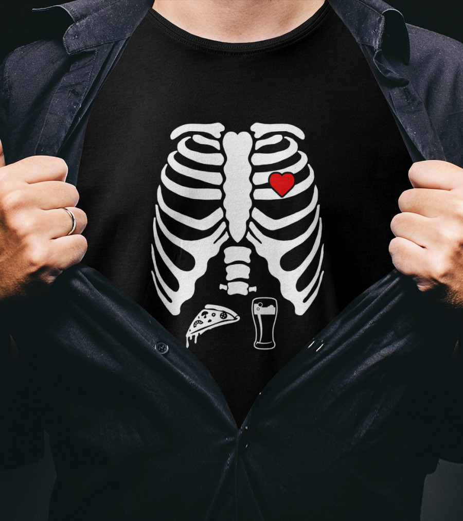 Skeleton Pregnancy X-Ray Pizza Beer Heart T-Shirt