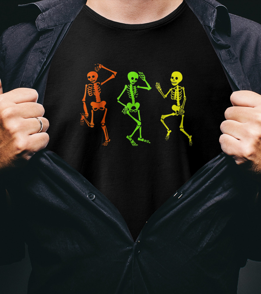Three Skeletons Glow In The Dark Halloween Costume Dance Party T-Shirt