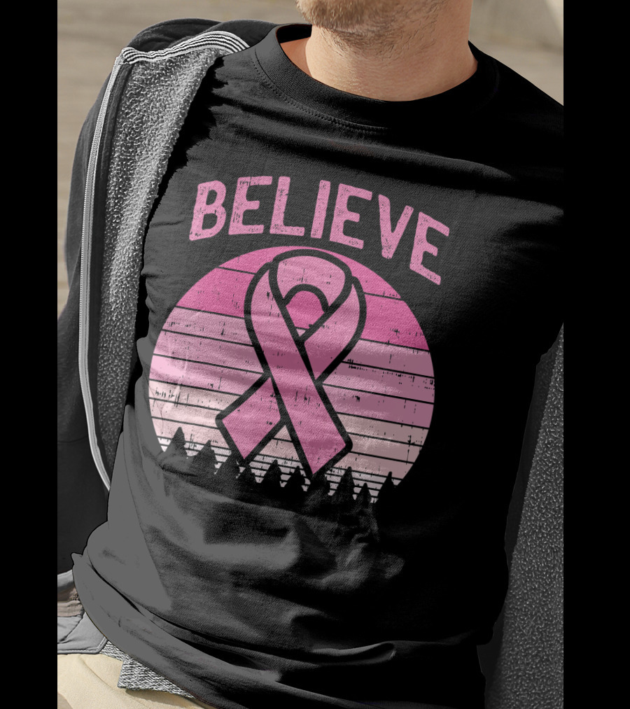 Believe Pink Ribbon Sunset Breast Cancer Awareness T-Shirt