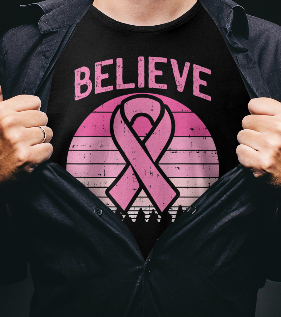 Believe Pink Ribbon Sunset Breast Cancer Awareness T-Shirt