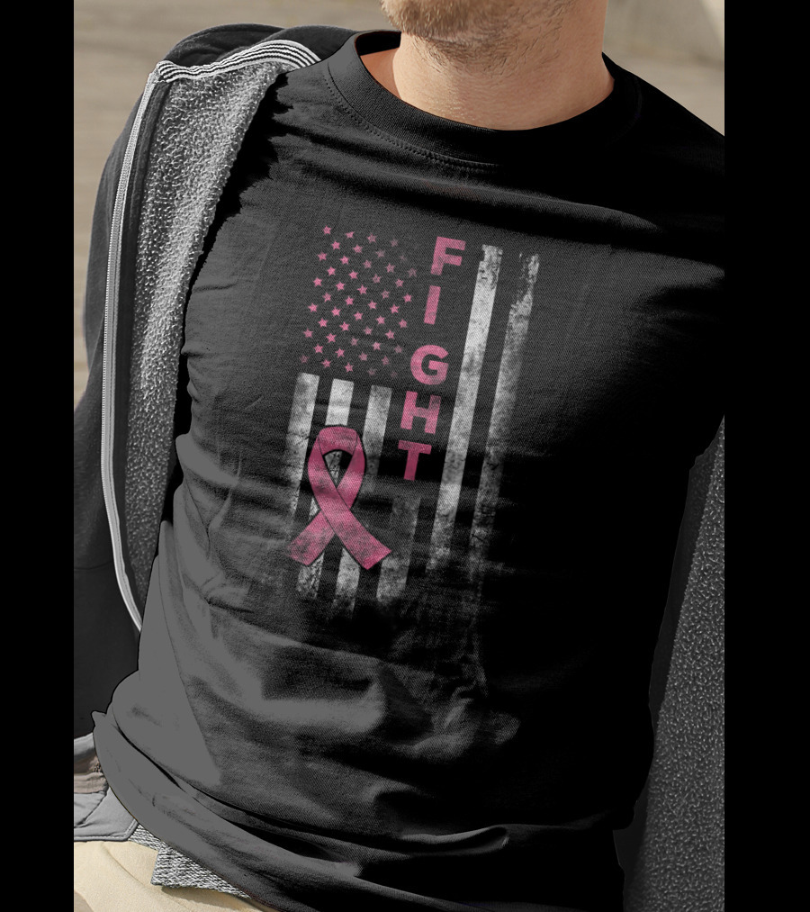 Fight For Breast Cancer Awareness American Flag With Pink T-Shirt