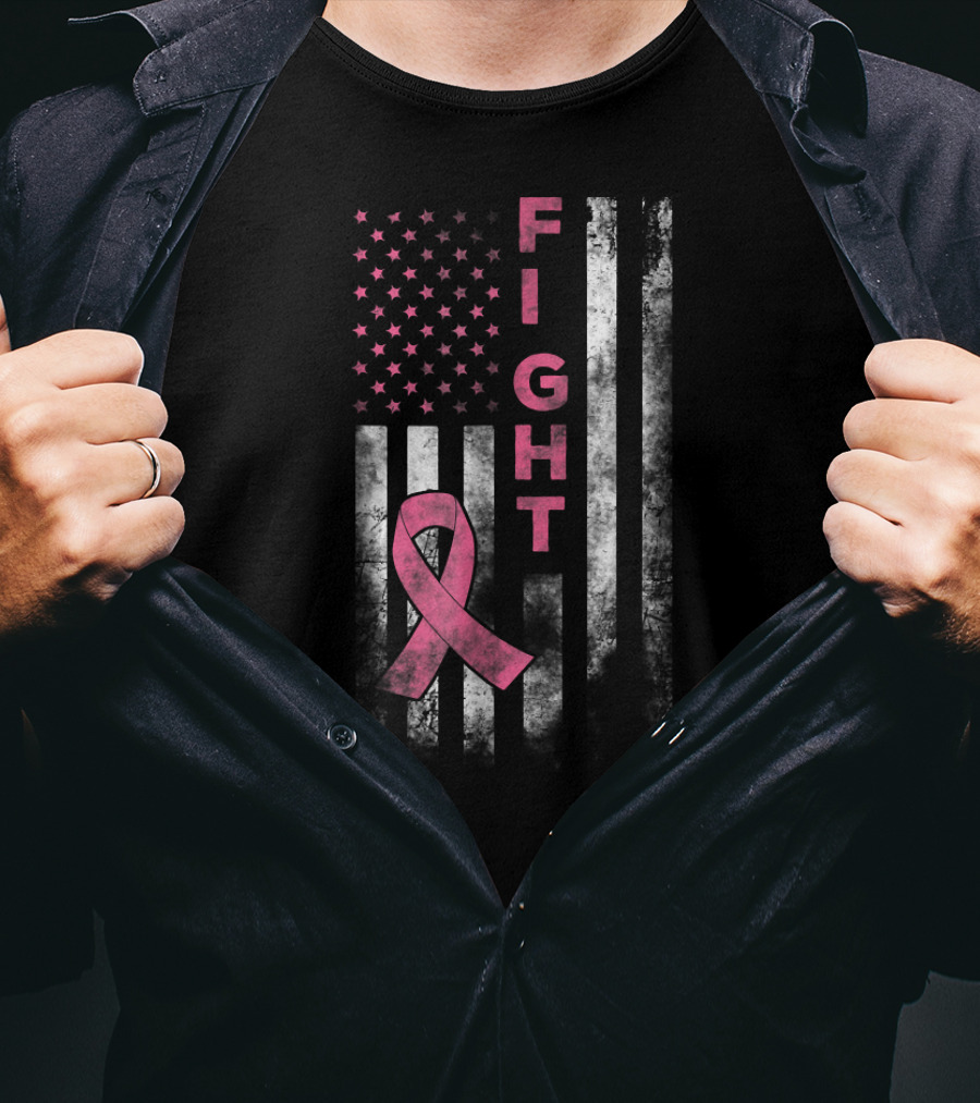 Fight For Breast Cancer Awareness American Flag With Pink T-Shirt