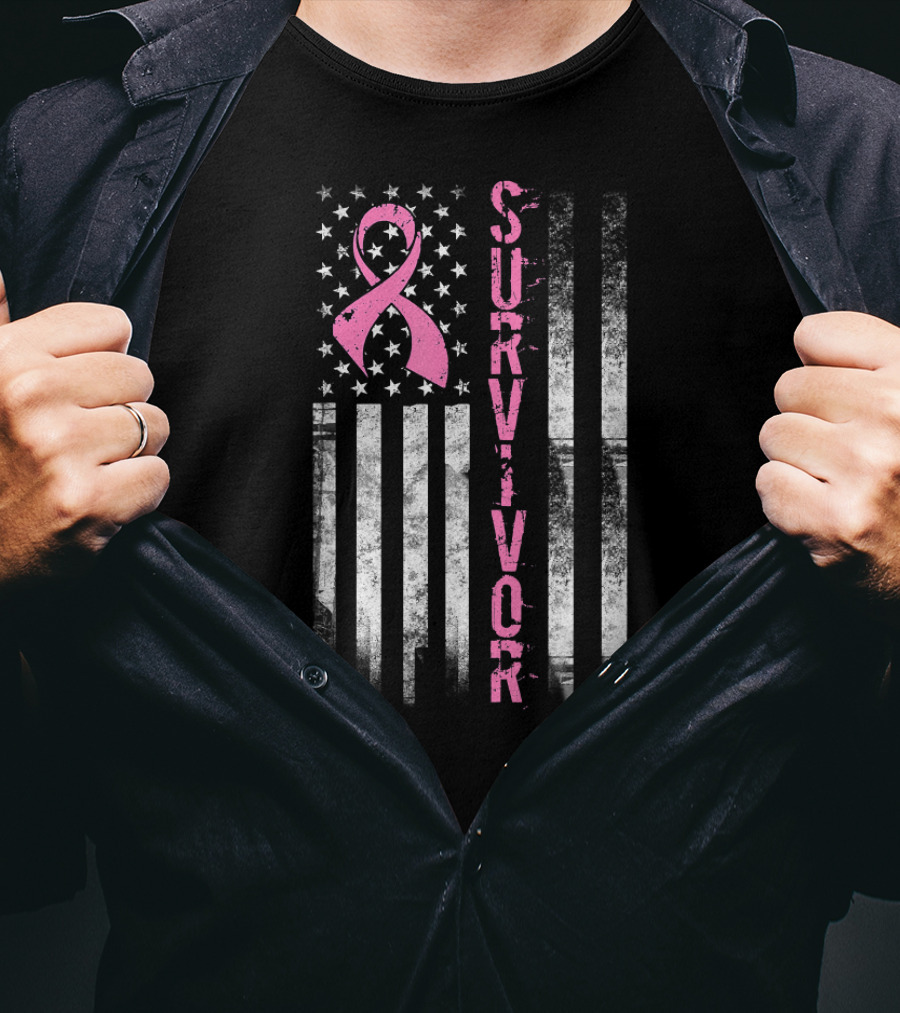 Survivor Pink Ribbon Flag Breast Cancer Awareness Women T-Shirt