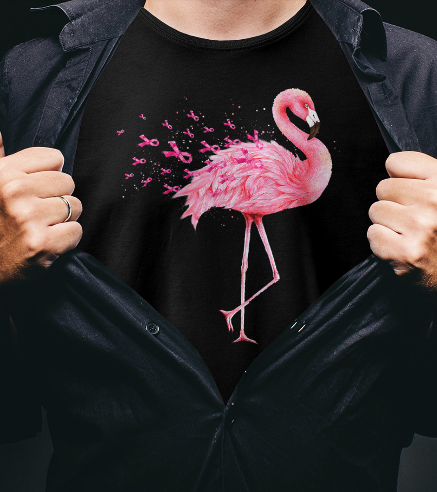 Cute Flamingo Breast Cancer Awareness Pink Ribbon T-Shirt