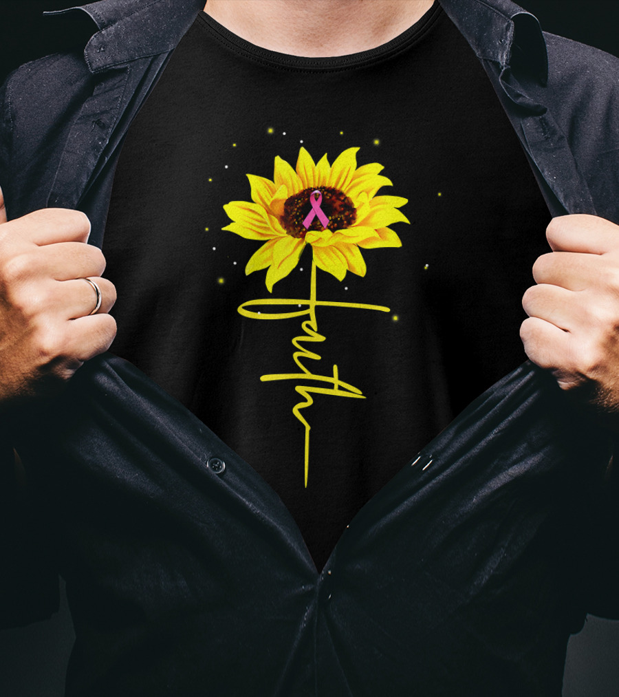Faith Pink Ribbon Sunflower Breast Cancer Awareness T-Shirt