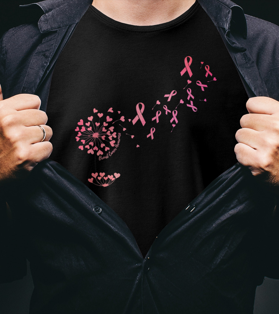 Flower Heart Dandelion Breast Cancer Awareness Ribbons T-Shirt